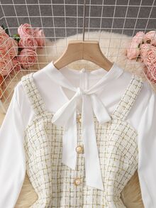 GlowEve 女款時尚優雅法式領結領鈕扣長袖洋裝，秋季面料，適合教師節、辦公室穿著，白色米色 - 白色 - 查看 6