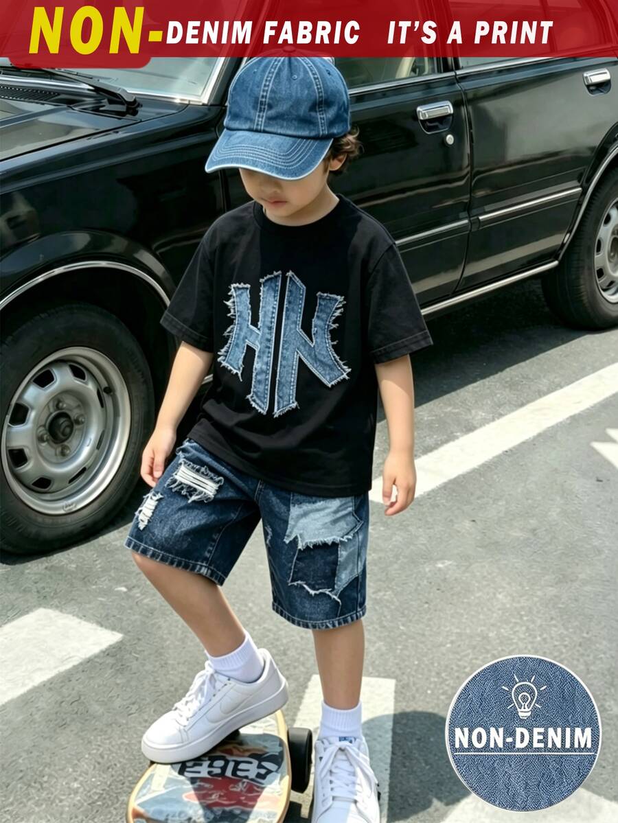 小男孩休閒時尚舒適百搭2件組,男孩休閒服飾,街頭風酷感套裝,時尚字母HK印花圖案,柔軟舒適短袖與短褲運動套裝 - 彩色 - 查看 1