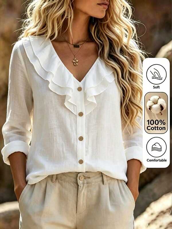 Balvessa Ruffle Trim V-Neck Linen Cotton Shirt, Gentle And Relaxed Vibe!