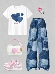 SHEIN 女童 2 件套：白色針織圓領數字印花 T 恤搭配寬鬆休閒長褲，度假穿搭，舒適 - 藍色 - 查看 4