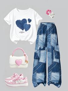 SHEIN 女童 2 件套：白色針織圓領數字印花 T 恤搭配寬鬆休閒長褲，度假穿搭，舒適 - 藍色 - 查看 3