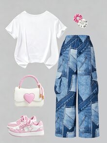 SHEIN 女童 2 件套：白色針織圓領數字印花 T 恤搭配寬鬆休閒長褲，度假穿搭，舒適 - 藍色 - 查看 2