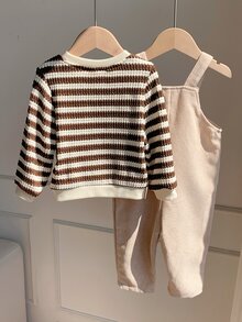 SHEIN 2件組條紋運動衫與燈芯絨吊帶褲套裝，適合嬰兒男孩/女孩，可愛秋冬穿搭 - 彩色 - 查看 2