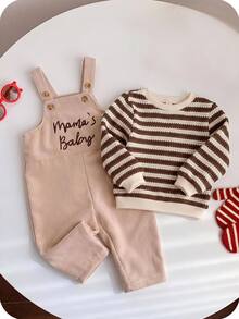 SHEIN 2件組條紋運動衫與燈芯絨吊帶褲套裝，適合嬰兒男孩/女孩，可愛秋冬穿搭 - 彩色 - 查看 9