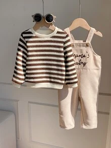 SHEIN 2件組條紋運動衫與燈芯絨吊帶褲套裝，適合嬰兒男孩/女孩，可愛秋冬穿搭 - 彩色 - 查看 7