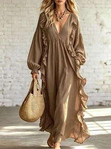 SHEIN Gaun Kasual Boho Elegan Musim Gugur/Dingin dengan Hiasan Rumbai di Bagian Bawah untuk Liburan, Kantor, Makan Siang, Liburan, dan Perjalanan, Nuansa Cokelat Musim Gugur 2026 - Khaki - View 2