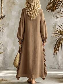 SHEIN Gaun Kasual Boho Elegan Musim Gugur/Dingin dengan Hiasan Rumbai di Bagian Bawah untuk Liburan, Kantor, Makan Siang, Liburan, dan Perjalanan, Nuansa Cokelat Musim Gugur 2026 - Khaki - View 3