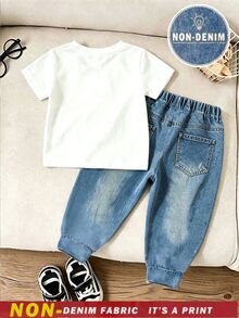 SHEIN 1 Random Set ,Blue Print Comfortable Cool Graphic Short Sleeve Top And Design Minimalist Print Casual Sports Long Pants Set,,School Clothes - Multicolor - View 6