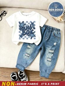 SHEIN 1 Random Set ,Blue Print Comfortable Cool Graphic Short Sleeve Top And Design Minimalist Print Casual Sports Long Pants Set,,School Clothes - Multicolor - View 3