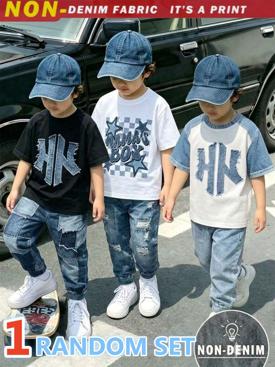 SHEIN 1 Random Set ,Blue Print Comfortable Cool Graphic Short Sleeve Top And Design Minimalist Print Casual Sports Long Pants Set,,School Clothes