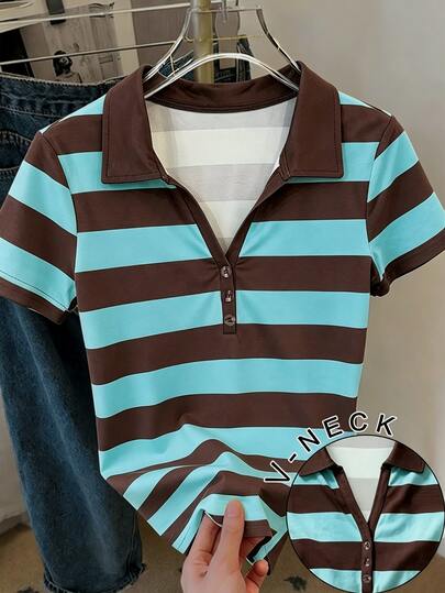 INAWLY Vintage Preppy Striped Polo Shirt Women's Summer New Slim Fit Flattering Short V-Neck Short Sleeve T-Shirt Top