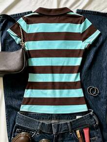 INAWLY 復古學院風條紋 Polo 衫 女款夏季新款修身顯瘦短版 V 領短袖 T-shirt 上衣 - 彩色 - 查看 2