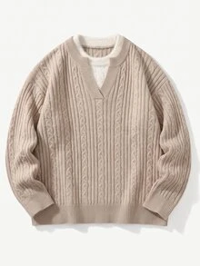 Manfinity Homme Men's Small V-Neck Vintage Cable Knit Long Sleeve Pullover Sweater, Casual Textured Autumn/Winter Knit Top, Oatmeal Color Loose Wool Sweater, Minimalist Commute Versatile New Lazy Soft Slimming Vertical Ribbed Knit Sweater - Khaki - View 4