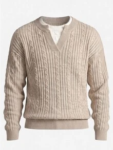 Manfinity Homme Men's Small V-Neck Vintage Cable Knit Long Sleeve Pullover Sweater, Casual Textured Autumn/Winter Knit Top, Oatmeal Color Loose Wool Sweater, Minimalist Commute Versatile New Lazy Soft Slimming Vertical Ribbed Knit Sweater - Khaki - View 1