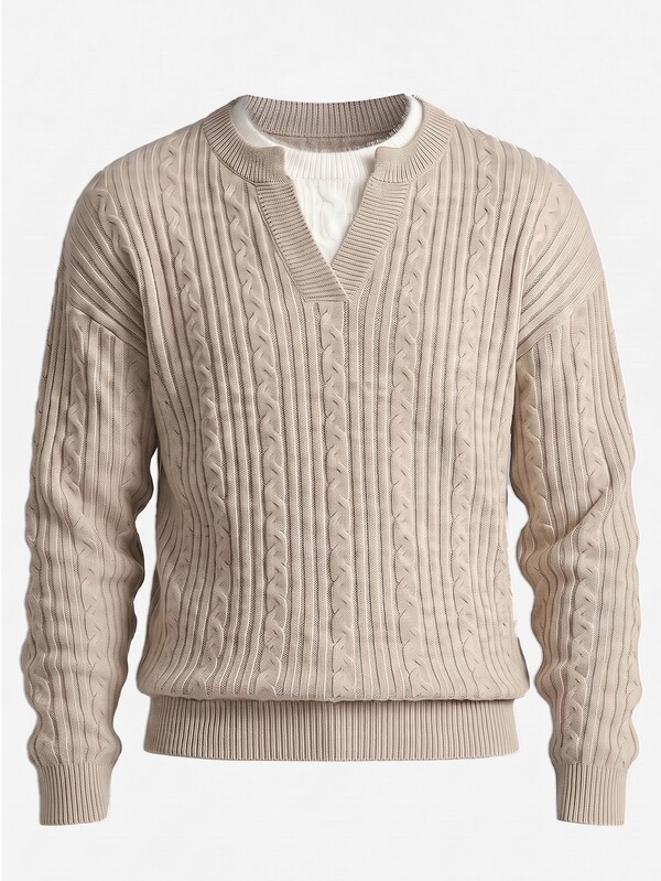 Manfinity Homme Sweater Pullover Lengan Panjang Rajut Kabel Vintage Leher V Kecil Pria, Atasan Rajut Kasual Bertekstur Musim Gugur/Dingin, Sweater Wol Longgar Warna Oatmeal, Sweater Rajut Bergaris Vertikal Minimalis Serbaguna untuk Perjalanan Santai, Lembut, dan Ramping
