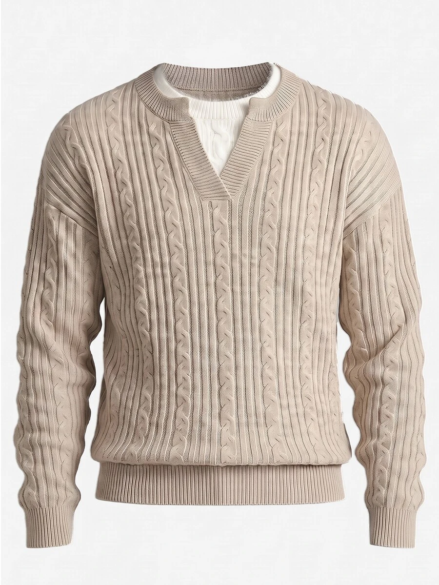 Manfinity Homme Men's Small V-Neck Vintage Cable Knit Long Sleeve Pullover Sweater, Casual Textured Autumn/Winter Knit Top, Oatmeal Color Loose Wool Sweater, Minimalist Commute Versatile New Lazy Soft Slimming Vertical Ribbed Knit Sweater - Khaki - View 1