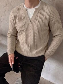 Manfinity Homme Men's Small V-Neck Vintage Cable Knit Long Sleeve Pullover Sweater, Casual Textured Autumn/Winter Knit Top, Oatmeal Color Loose Wool Sweater, Minimalist Commute Versatile New Lazy Soft Slimming Vertical Ribbed Knit Sweater - Khaki - View 3