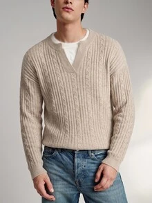 Manfinity Homme Men's Small V-Neck Vintage Cable Knit Long Sleeve Pullover Sweater, Casual Textured Autumn/Winter Knit Top, Oatmeal Color Loose Wool Sweater, Minimalist Commute Versatile New Lazy Soft Slimming Vertical Ribbed Knit Sweater - Khaki - View 2