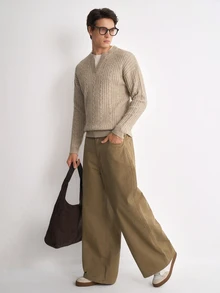 Manfinity Homme Men's Small V-Neck Vintage Cable Knit Long Sleeve Pullover Sweater, Casual Textured Autumn/Winter Knit Top, Oatmeal Color Loose Wool Sweater, Minimalist Commute Versatile New Lazy Soft Slimming Vertical Ribbed Knit Sweater - Khaki - View 6
