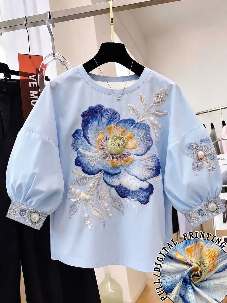 Franclia Loose Casual Printed Shirt With Design Elements - Blue - View 1