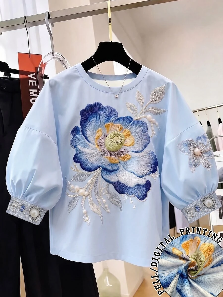 Franclia Loose Casual Printed Shirt With Design Elements - Blue - View 1