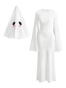 ROMWE Anime Cute Ghost White Phantom Halloween Cosplay Women Long Dress - White - View 3
