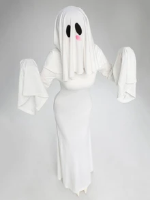 ROMWE Anime Cute Ghost White Phantom Halloween Cosplay Women Long Dress - White - View 6