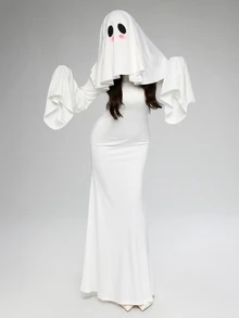 ROMWE Anime Cute Ghost White Phantom Halloween Cosplay Women Long Dress - White - View 1