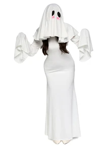 ROMWE Anime Cute Ghost White Phantom Halloween Cosplay Women Long Dress - White - View 5