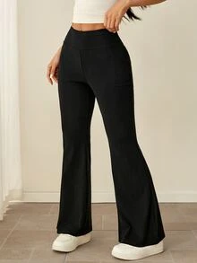 SHEIN PETITE Casual Athleisure Basic Versatile Solid Color Wide Waist Flare Pants Back-To-School Fitness Gym Workout Black Summer - Black - View 3