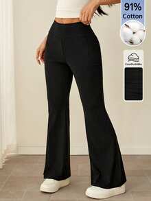 SHEIN PETITE Casual Athleisure Basic Versatile Solid Color Wide Waist Flare Pants Back-To-School Fitness Gym Workout Black Summer - Black - View 11