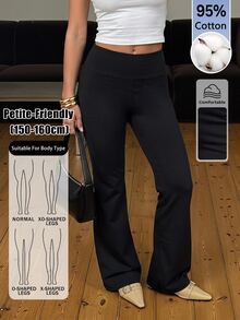 SHEIN PETITE Casual Athleisure Basic Versatile Solid Color Wide Waist Flare Pants Back-To-School Fitness Gym Workout Black Summer - Black - View 4