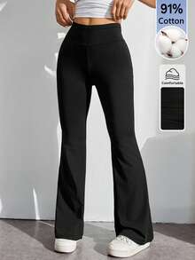 SHEIN PETITE Casual Athleisure Basic Versatile Solid Color Wide Waist Flare Pants Back-To-School Fitness Gym Workout Black Summer - Black - View 6
