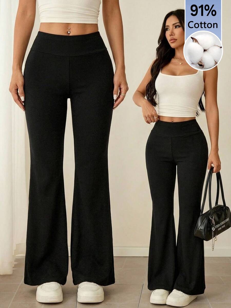 SHEIN PETITE Casual Athleisure Basic Versatile Solid Color Wide Waist Flare Pants Back-To-School Fitness Gym Workout Black Summer - Black - View 1