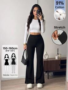 SHEIN PETITE Casual Athleisure Basic Versatile Solid Color Wide Waist Flare Pants Back-To-School Fitness Gym Workout Black Summer - Black - View 7