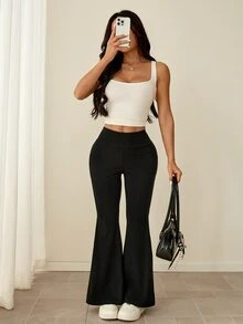 SHEIN PETITE Casual Athleisure Basic Versatile Solid Color Wide Waist Flare Pants Back-To-School Fitness Gym Workout Black Summer - Black - View 10
