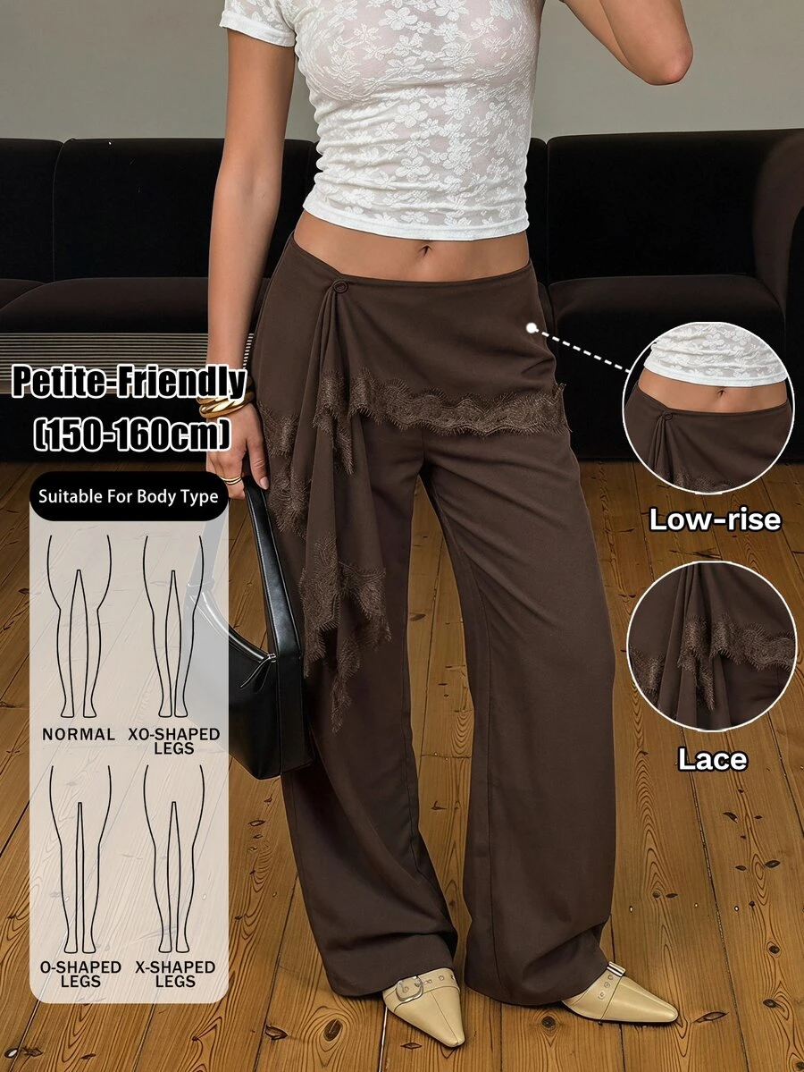 SHEIN PETITE Women's Solid Color Contrast Lace Ruffle Elegant Y2k Wide Leg Pants Going Out Coffee Brown Autumn - Brown - View 1