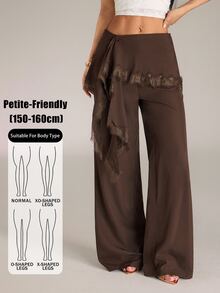 SHEIN PETITE 女款素色對比蕾絲荷葉邊優雅寬腿褲 - 棕色 - 查看 8
