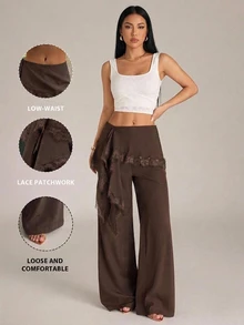 SHEIN PETITE 女款素色對比蕾絲荷葉邊優雅寬腿褲 - 棕色 - 查看 6