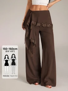 SHEIN PETITE 女款素色對比蕾絲荷葉邊優雅寬腿褲 - 棕色 - 查看 14