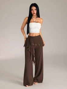 SHEIN PETITE 女款素色對比蕾絲荷葉邊優雅寬腿褲 - 棕色 - 查看 7