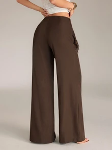 SHEIN PETITE 女款素色對比蕾絲荷葉邊優雅寬腿褲 - 棕色 - 查看 2