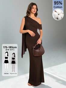 SHEIN Tall 女款休閒優雅通勤風時尚深棕色露肩長洋裝，適合婚禮、晚餐、夏季穿著 - 棕色 - 查看 3