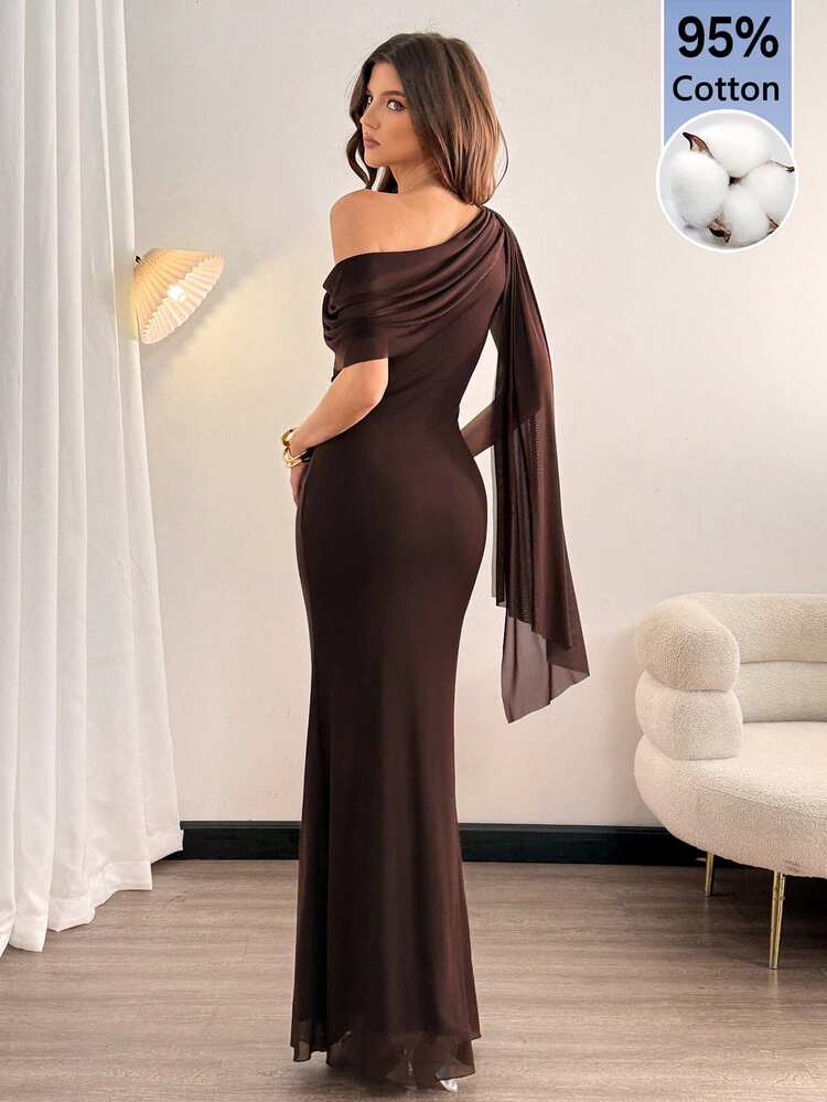 SHEIN Tall Women's Casual Elegant Commuter-Style Fashionable Dark Brown Open Shoulder Maxi Dress Wedding Dinner Summer - Brown - View 2
