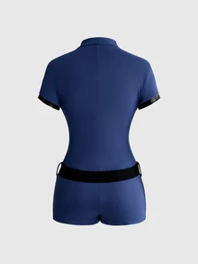 ROMWE Anime Women's Letter Print Colorblock Casual Daily Wear Romper - Blue - View 10