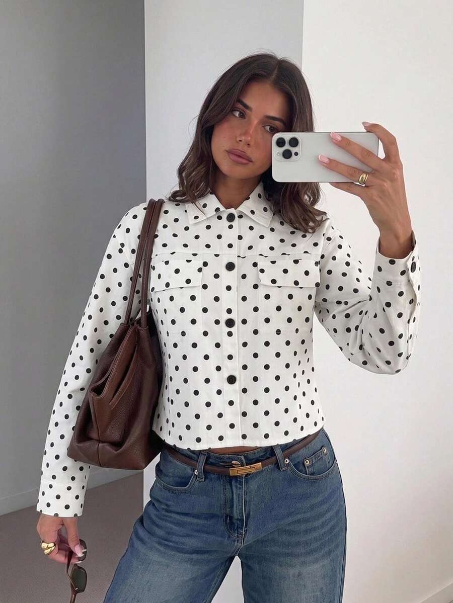 Siren Gaze Autumn/Winter Casual Dropped Shoulder Button Front Coat With Flap Pockets, Short White Polka Dot Jacket