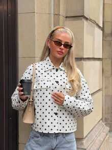 Siren Gaze Autumn/Winter Casual Dropped Shoulder Button Front Coat With Flap Pockets, Short White Polka Dot Jacket - White - View 5