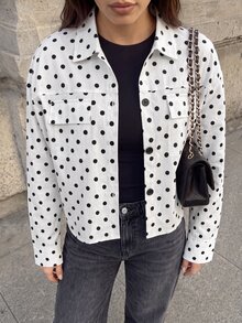 Siren Gaze Autumn/Winter Casual Dropped Shoulder Button Front Coat With Flap Pockets, Short White Polka Dot Jacket - White - View 10