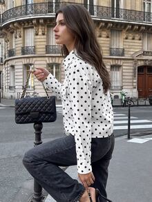 Siren Gaze Autumn/Winter Casual Dropped Shoulder Button Front Coat With Flap Pockets, Short White Polka Dot Jacket - White - View 3