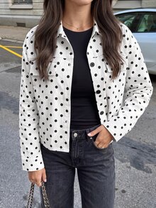Siren Gaze Autumn/Winter Casual Dropped Shoulder Button Front Coat With Flap Pockets, Short White Polka Dot Jacket - White - View 8